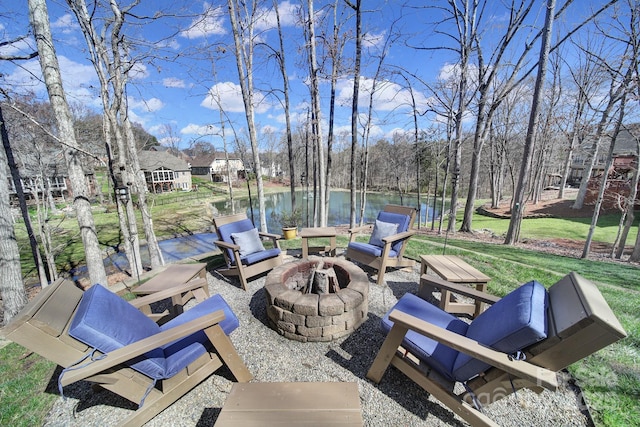 view of patio / terrace featuring an outdoor fire pit and a water view