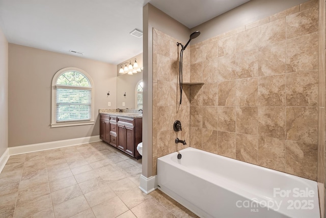 bathroom with shower / washtub combination, double vanity, visible vents, toilet, and a sink