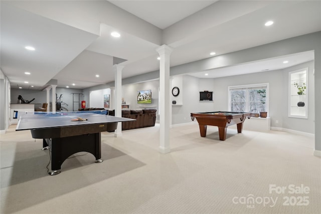 recreation room with baseboards, pool table, light colored carpet, and recessed lighting