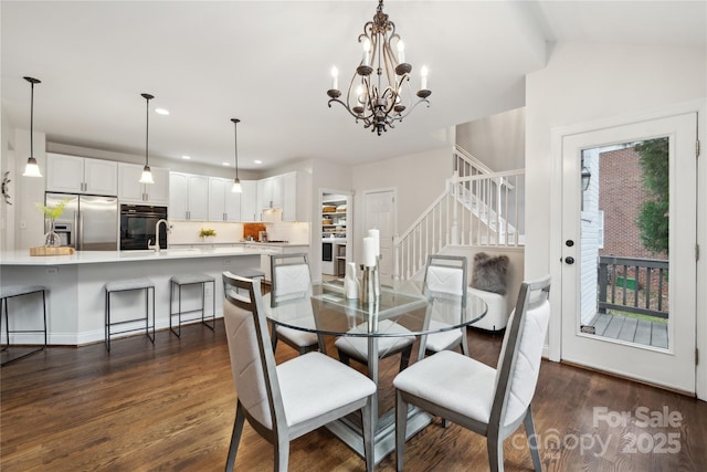 dining space with recessed lighting, vaulted ceiling, dark wood finished floors, and stairway