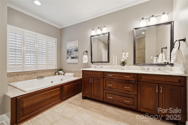 full bath with double vanity, ornamental molding, a sink, and a bath