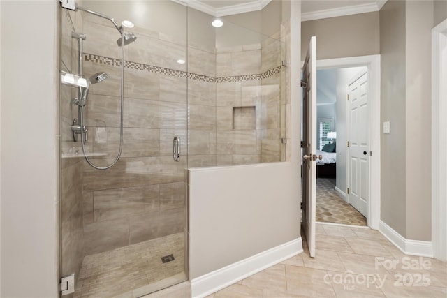 full bathroom featuring ornamental molding, connected bathroom, a shower stall, and baseboards