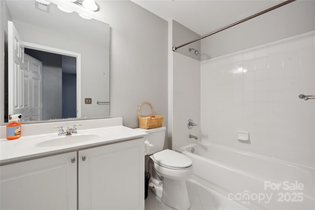 bathroom with bathtub / shower combination, visible vents, toilet, vanity, and tile patterned flooring