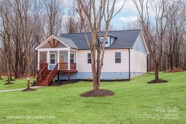 view of front of property with crawl space, roof with shingles, board and batten siding, and a front yard