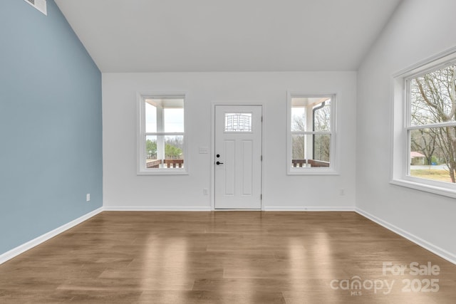 foyer entrance with plenty of natural light, vaulted ceiling, and dark wood-type flooring