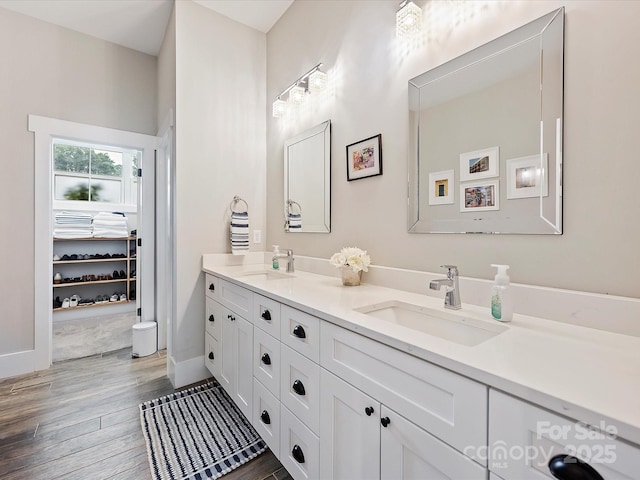 bathroom with vanity and wood-type flooring