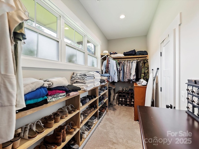 walk in closet featuring light carpet