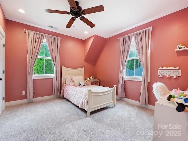 carpeted bedroom with ceiling fan