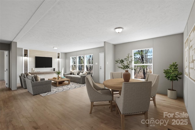 dining room with light hardwood / wood-style flooring and a textured ceiling