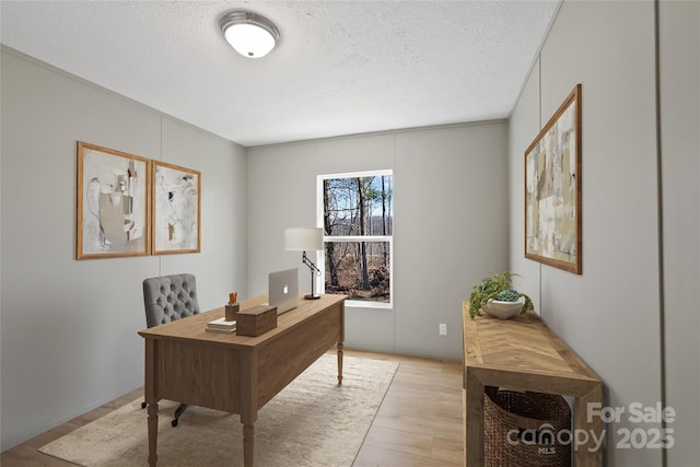 office with a textured ceiling and light wood-type flooring