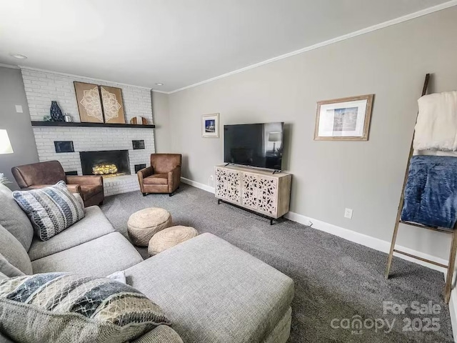 living area featuring ornamental molding, a brick fireplace, carpet flooring, and baseboards