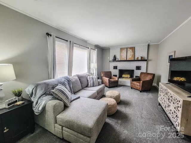 carpeted living area featuring a fireplace and crown molding