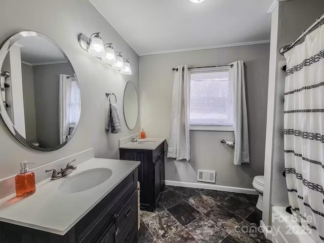 full bath featuring baseboards, crown molding, visible vents, and a sink