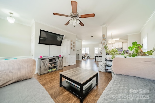 living room featuring crown molding, a ceiling fan, and wood finished floors