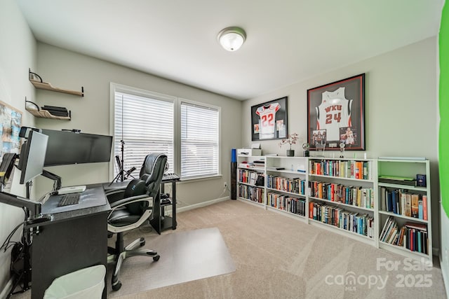 home office with light colored carpet and baseboards