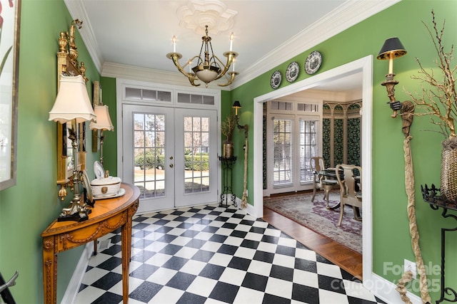 doorway featuring ornamental molding, a notable chandelier, and french doors
