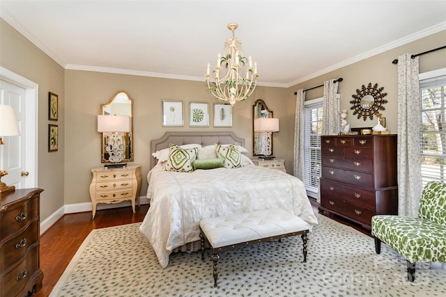 bedroom featuring multiple windows, ornamental molding, and dark hardwood / wood-style floors