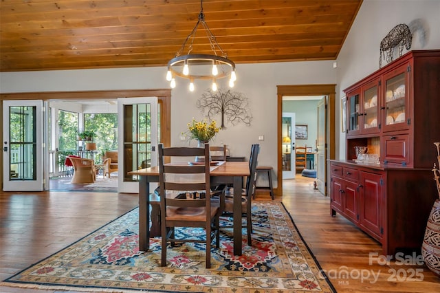 dining space featuring dark wood-type flooring, vaulted ceiling, and wooden ceiling