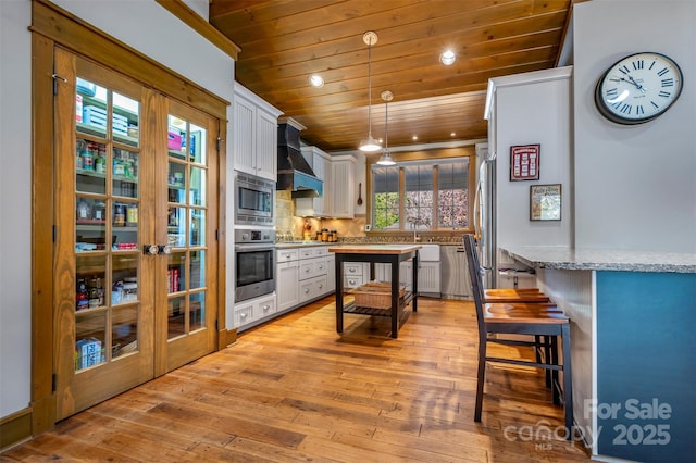 kitchen featuring white cabinetry, wood ceiling, stainless steel appliances, and custom range hood