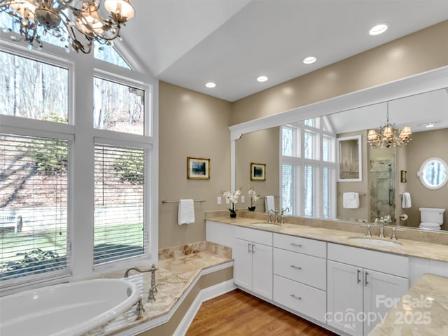 full bathroom featuring lofted ceiling, an inviting chandelier, and a sink