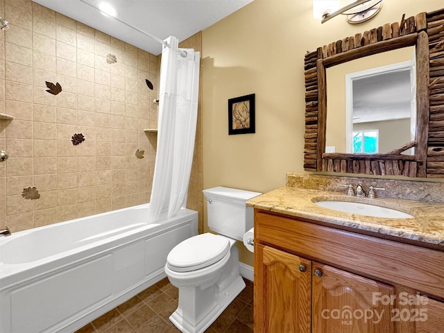 full bath with vanity, tile patterned flooring, toilet, and shower / bathtub combination with curtain