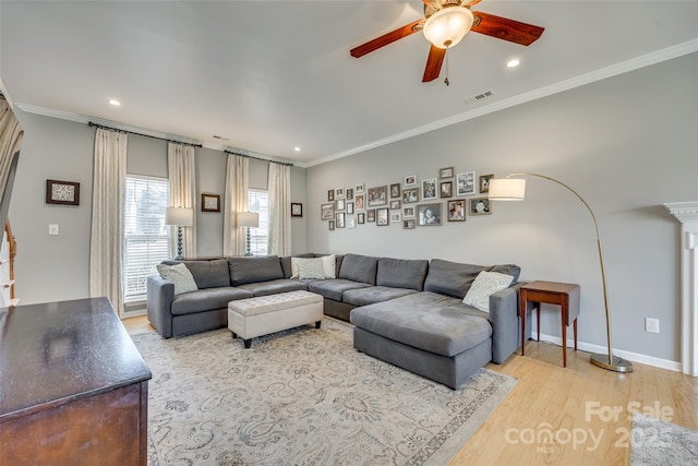 living room with light wood-type flooring, ceiling fan, and ornamental molding