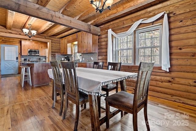 dining space with a chandelier, light wood-style flooring, wood ceiling, log walls, and beamed ceiling