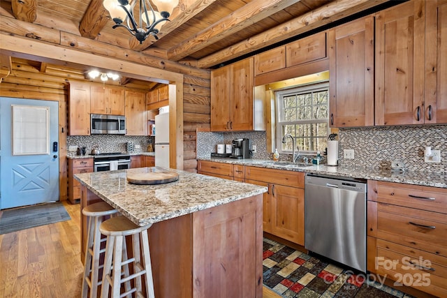 kitchen with a center island, beam ceiling, decorative backsplash, appliances with stainless steel finishes, and a sink