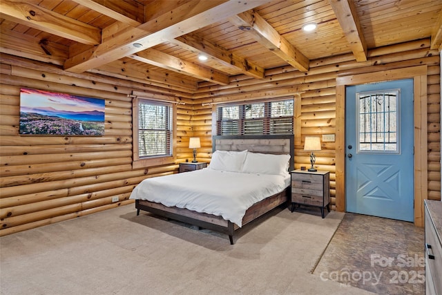 bedroom with rustic walls, wooden ceiling, and beam ceiling