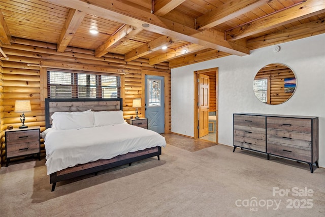 bedroom with carpet flooring, wood ceiling, rustic walls, and beam ceiling