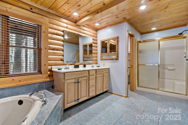 bathroom featuring a stall shower, wood ceiling, a garden tub, a sink, and recessed lighting