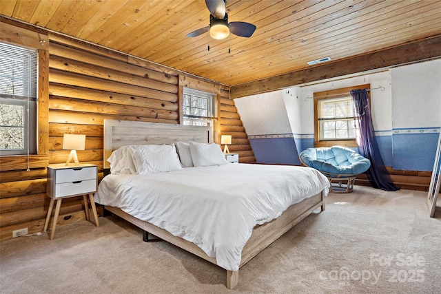 bedroom featuring wooden ceiling, visible vents, and carpet flooring