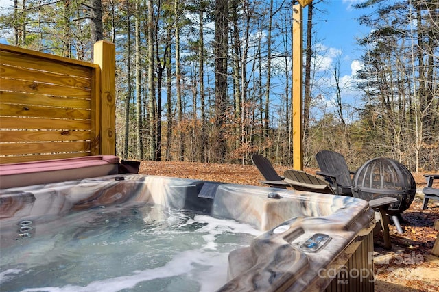 view of patio featuring a hot tub