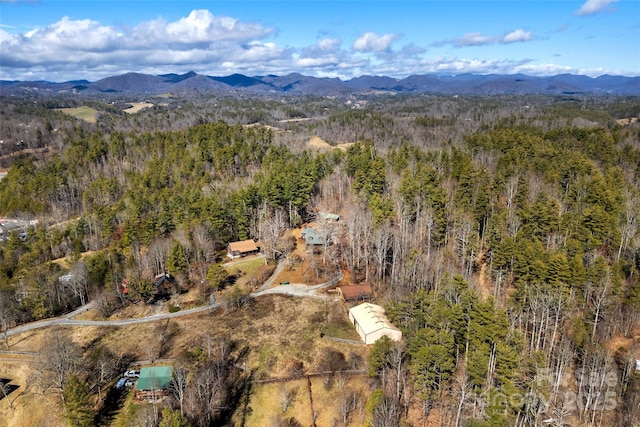 drone / aerial view with a forest view and a mountain view