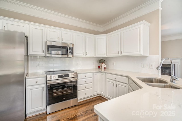 kitchen with stainless steel appliances, dark wood-type flooring, ornamental molding, white cabinetry, and a sink