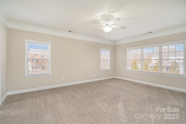 spare room featuring baseboards, ornamental molding, and carpet flooring