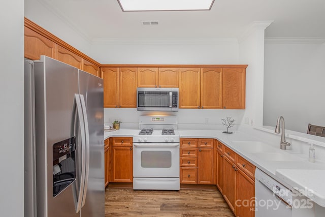 kitchen featuring appliances with stainless steel finishes, sink, crown molding, and light hardwood / wood-style floors