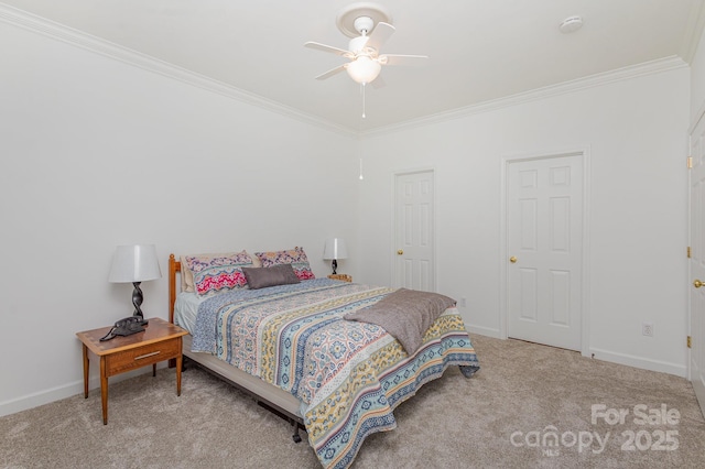 bedroom featuring light carpet, ceiling fan, and crown molding