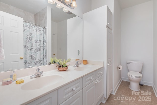 bathroom featuring toilet, tile patterned flooring, a shower with shower curtain, and vanity