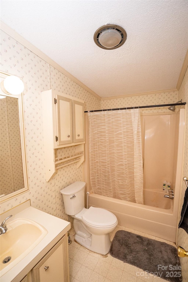 full bath with wallpapered walls, shower / bathtub combination with curtain, a textured ceiling, and vanity