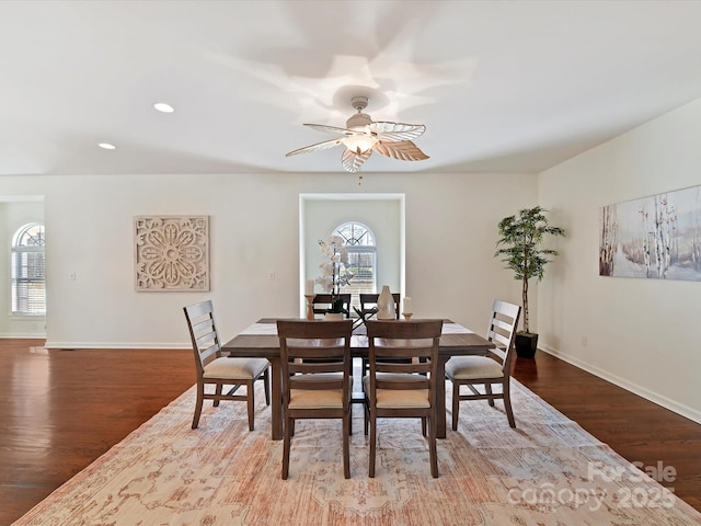 dining room featuring ceiling fan and wood-type flooring