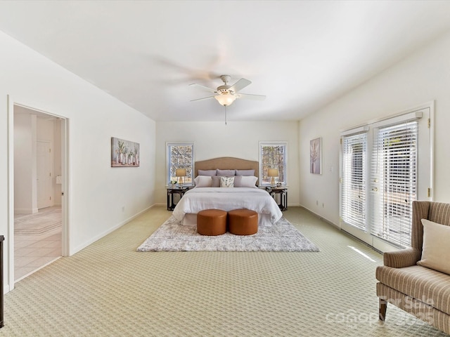 carpeted bedroom with access to outside and ceiling fan