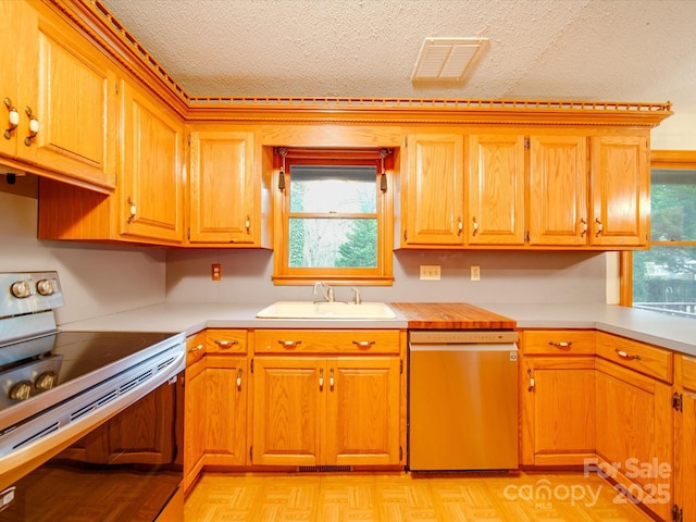 kitchen with sink, plenty of natural light, a textured ceiling, and appliances with stainless steel finishes