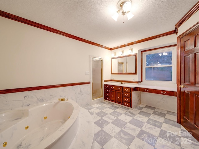 bathroom with crown molding, vanity, plus walk in shower, and a textured ceiling