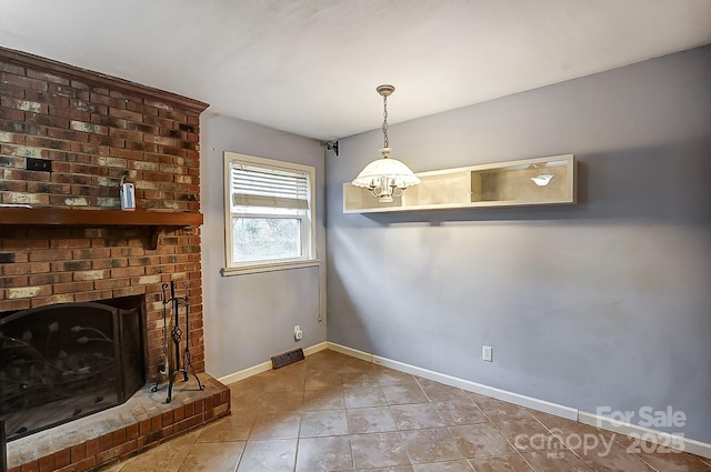 interior space with light tile patterned floors and a fireplace