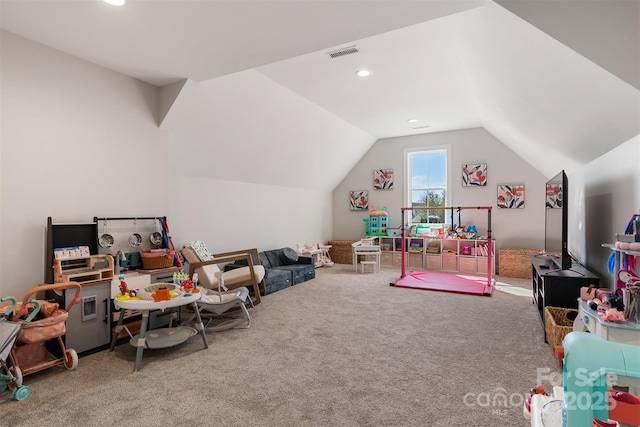 playroom with carpet floors, lofted ceiling, visible vents, and recessed lighting