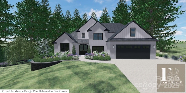 view of front of house featuring a garage, decorative driveway, a front yard, and board and batten siding