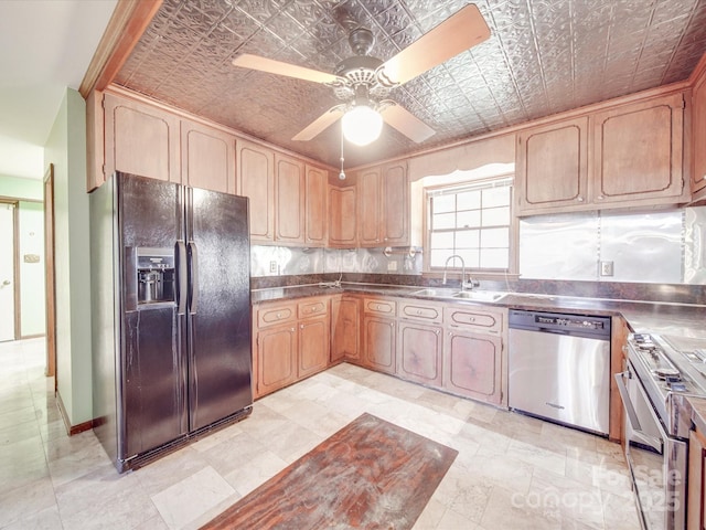 kitchen with stainless steel appliances, an ornate ceiling, a sink, and a ceiling fan