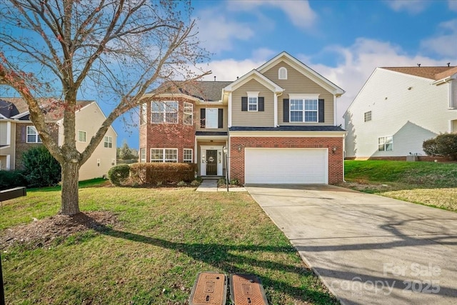 traditional-style home with brick siding, an attached garage, concrete driveway, and a front lawn