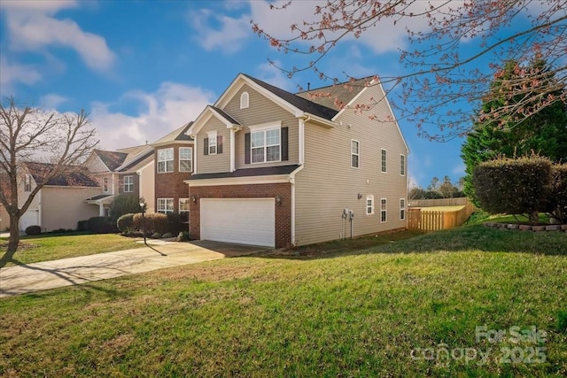 view of side of property featuring fence, a yard, concrete driveway, a garage, and brick siding